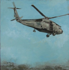Painted on site, Port au Prince, Haiti
A SH-60F Seahawk assigned to the “Dusty Dogs” of Helicopter Anti-submarine Squadron 7, takes off from Port au Prince for the outlying areas, delivering water and supplies. HS7 is part of Carrier Air Wing 17.
 Private Collection
